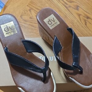 DV by Dolce Vita Black and Brown Cork Wedge Flip Flops